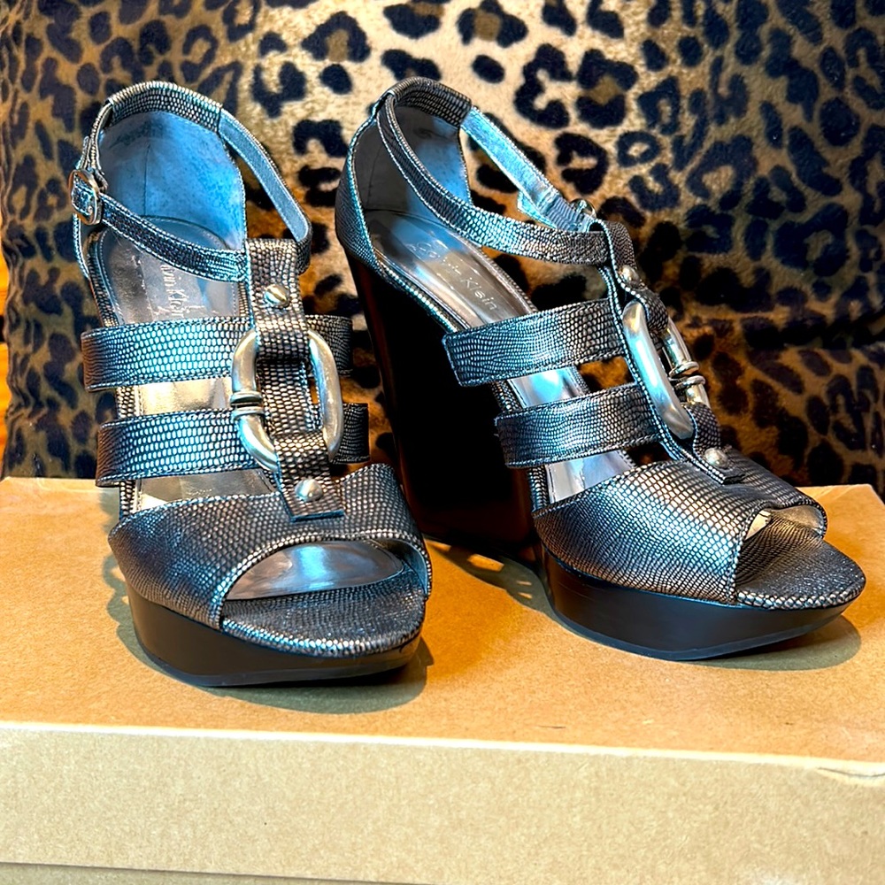 Calvin Klein, Silver & Black Wedge w/ C detail, Size 7
